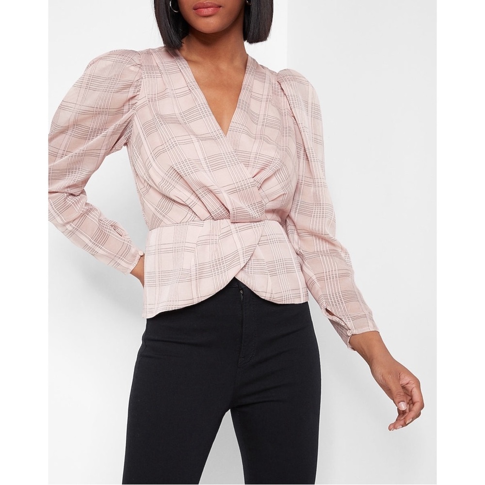 EXPRESS Check Print Faux Wrap Front Peplum Top in Truffle Pink